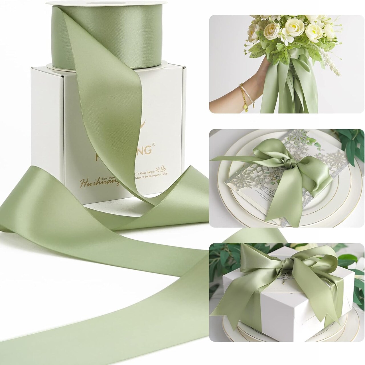 2-Inch Sage Green Double Face Satin Ribbon (25 Yards) - Premium Dusty Sage Silk-Finish Ribbon for Wedding Invitations, Luxury Gift Wrapping, Flower Bouquet Wraps, Hair Bows, and DIY Home Decor